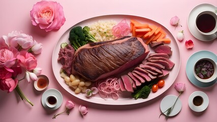 Top view of Wagyu Mother's Day Dinner in pink using generative AI.