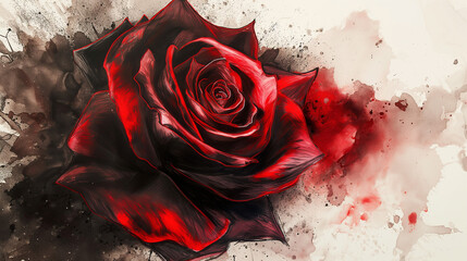 Red rose with drops on black, painting style