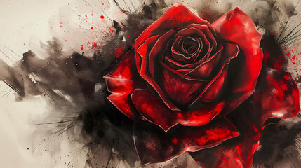 Red rose with drops on black, painting style