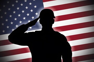 Soldier saluting against American flag backdrop evokes respect and honor for nation.