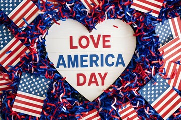 Heart centerpiece with LOVE AMERICA, patriotic confetti, and HAPPY INDEPENDENCE DAY for celebration.