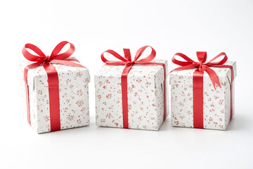 Fototapeta premium Three Gift Boxes with Red Ribbon on White Background
