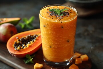 Papaya Smoothie - Bright orange with papaya chunks and mint.