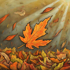 Vibrant Autumn Scene Orange Maple Leaf in Sun Rays Amidst Fallen Leaves  Microstock Image