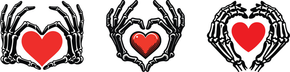 Skeleton hand showing heart shape, love concept, vector illustration.