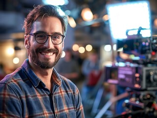 A Producer male wearing casual attire, standing in front of a film set, smiling and looking into the camera