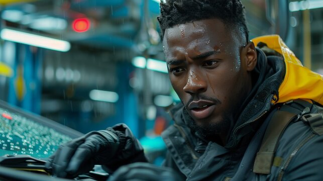 Professional mechanic using digital tablet to diagnose and repair car engine in automotive garage