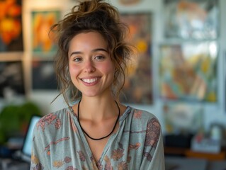 An Animator female wearing casual attire, standing in front of an animation workstation, smiling and looking into the camera