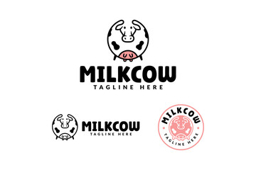 dairy cow with milky cartoon logo design for farm, food and drink professional business