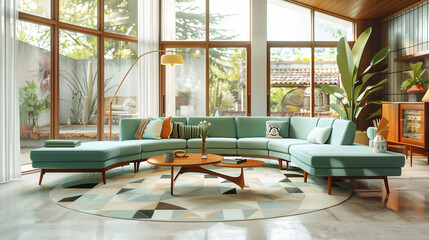  mid-century modern living room with a serpentine sofa in muted teal. Teak wood furniture