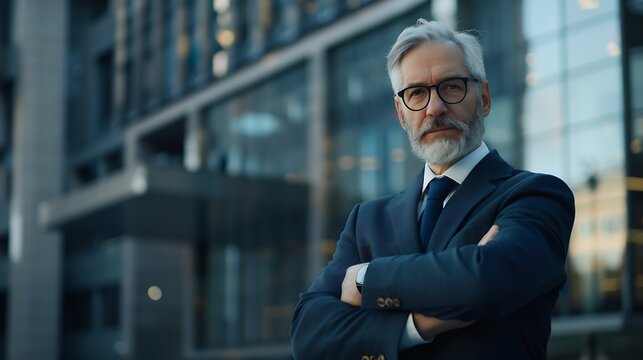 Portrait of mature successful boss gray haired businessman looking at camera with crossed arms man outside office building in business suit and glasses satisfied and focused banker inv : Generative AI