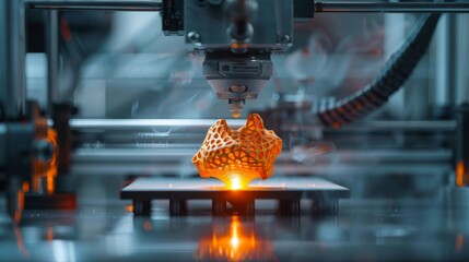 A close-up of a 3D printer in action, creating a complex geometric object, symbolizing innovation and technological advancement in manufacturing.