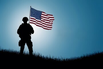 Silhouette of soldier on hill holding American flag, Memorial Day Remember & Honor 28th May.