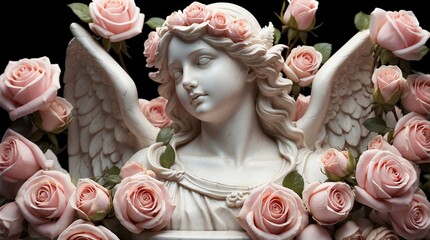 pink roses flowers crown wreath of angel marble sculpture statue art
