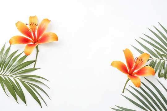 Orange Flower and Palm Leaf on White Background