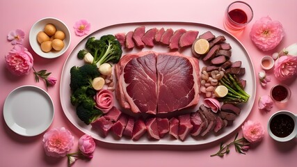 Top view of Wagyu Mother's Day Dinner in pink using generative AI.