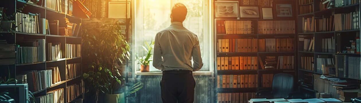 A journalist reviewing sources, copy space, factchecking theme, ethereal, composite, quiet office backdrop