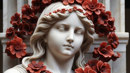 red flowers crown wreath of angel marble sculpture statue art