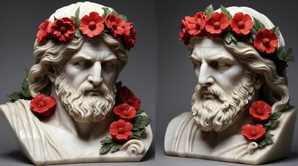 red flowers crown wreath of greek god marble sculpture statue art