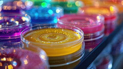 Petri dishes with colorful agar gel and bubbles.