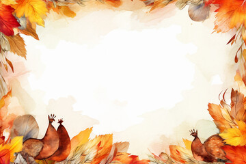 Fall Watercolor Frame with Squirrels and Leaves and Copy Space
