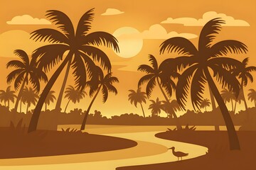 Tranquil tropical sunset with palm trees, river, bird - relaxation and vacation vibes.