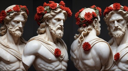 red flowers crown wreath of greek god marble sculpture statue art