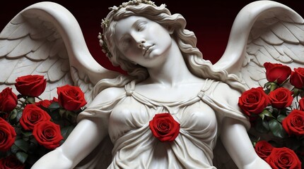 red roses flowers crown wreath of angel marble sculpture statue art