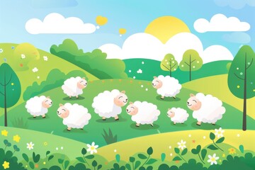 a vibrant vector illustration of a group of fluffy white sheep grazing peacefully on a lush green hillside.