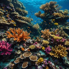 Obraz premium A vibrant coral reef teeming with life, its colors a dazzling display beneath the surface of the ocean.