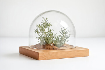 Glass cloche with green plant on wooden base
