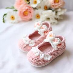 newborn baby girl crochet shoes and headband pearl shoes baby gift white and black baground generate ai