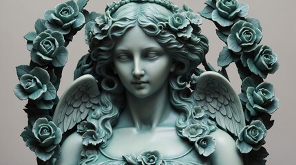 teal flowers crown wreath of angel marble sculpture statue art