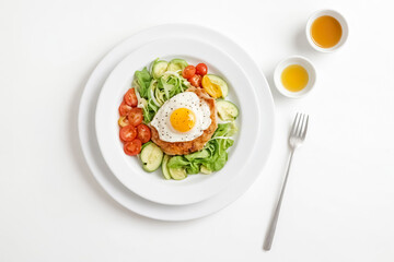 Fried Egg, Chicken Patty, Salad, and Tomato with Dressing on Plate