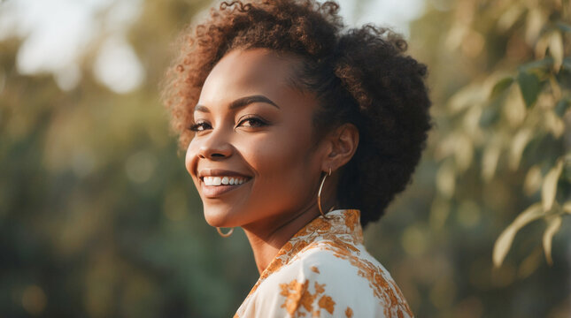 A close-up view capturing the genuine smile of a  afro american person, radiating joy and warmth