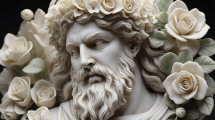 white flowers crown wreath of greek god marble sculpture statue art
