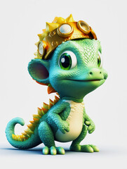 Obraz premium cute funny green dragon wearing a crown with big green eyes against white background