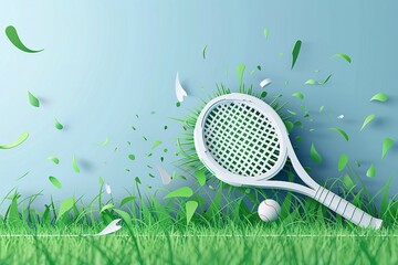 a tennis racket hitting a ball on a grass court