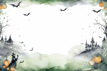 Spooky Halloween Frame with Haunted Castle and Bats with Copy Space

