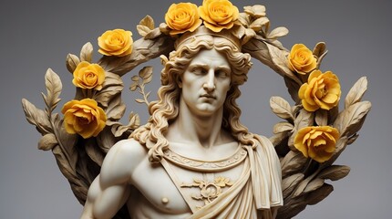 yellow flowers crown wreath of greek god marble sculpture statue art
