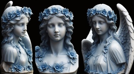 blue flowers crown wreath of angel marble sculpture statue art