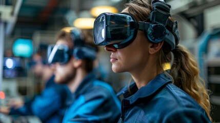 A group of engineers in a modern laboratory, wearing safety goggles and using advanced equipment to test and develop innovative automation solutions for various industries.
