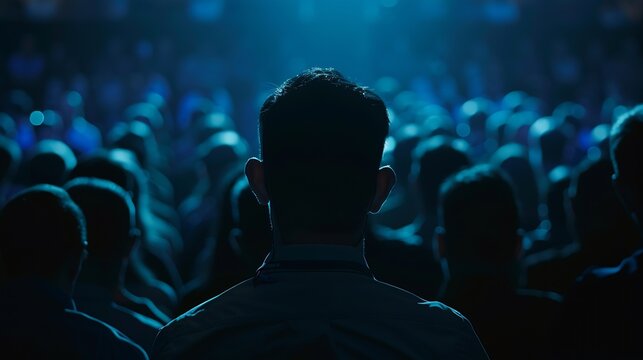 Audience Full of Tech People in Dark Conference Hall Watching an Innovative Inspiring Keynote Presentation Business Technology Summit Auditorium Room Crowded with Delegates Static Shot : Generative AI