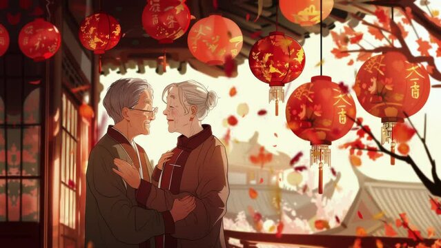 old couple enjoying while hanging red lanterns for Chinese New Year celebration at home, anime