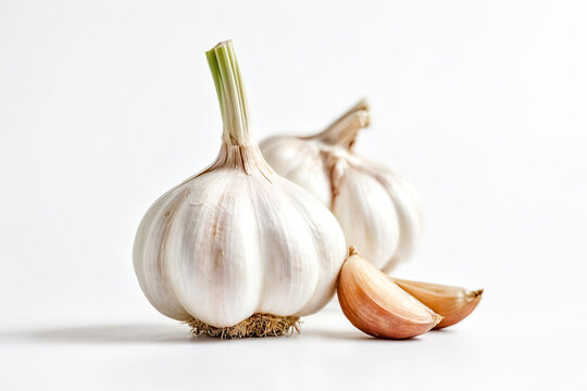 Close up of a garlic bulb on a white background