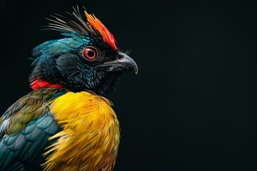 Close-up image of a colorful exotic bird with vibrant plumage, dark background highlighting the bird's striking features.