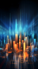 Abstract cityscape with glowing lines and bars on dark background