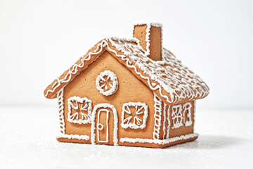 Gingerbread House Decorated with White Icing on a Snowy Surface