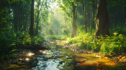 sunlit forest stream