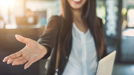 Business finance and employment female successful entrepreneurs concept Friendly smiling office manager greeting new coworker Businesswoman welcome clients with hand wave hold laptop : Generative AI